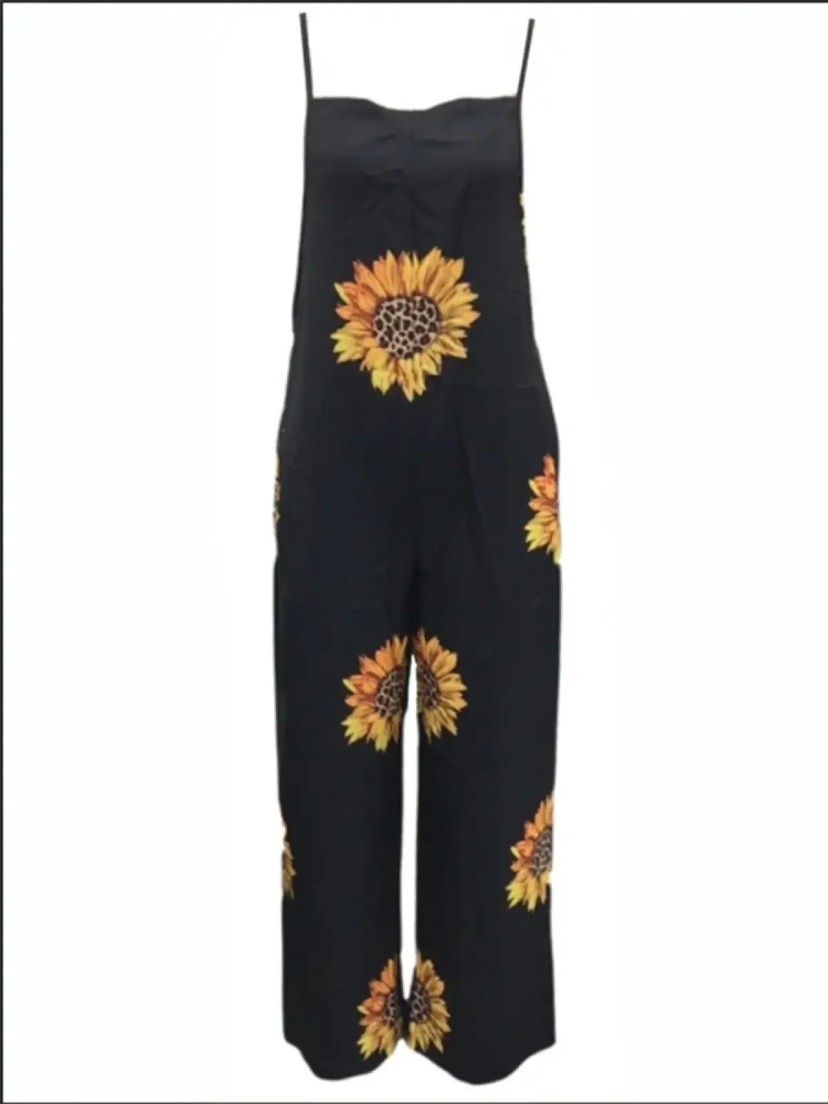 Black sunflower print wide-leg summer jumpsuit with thin spaghetti straps perfect for casual warm weather wear