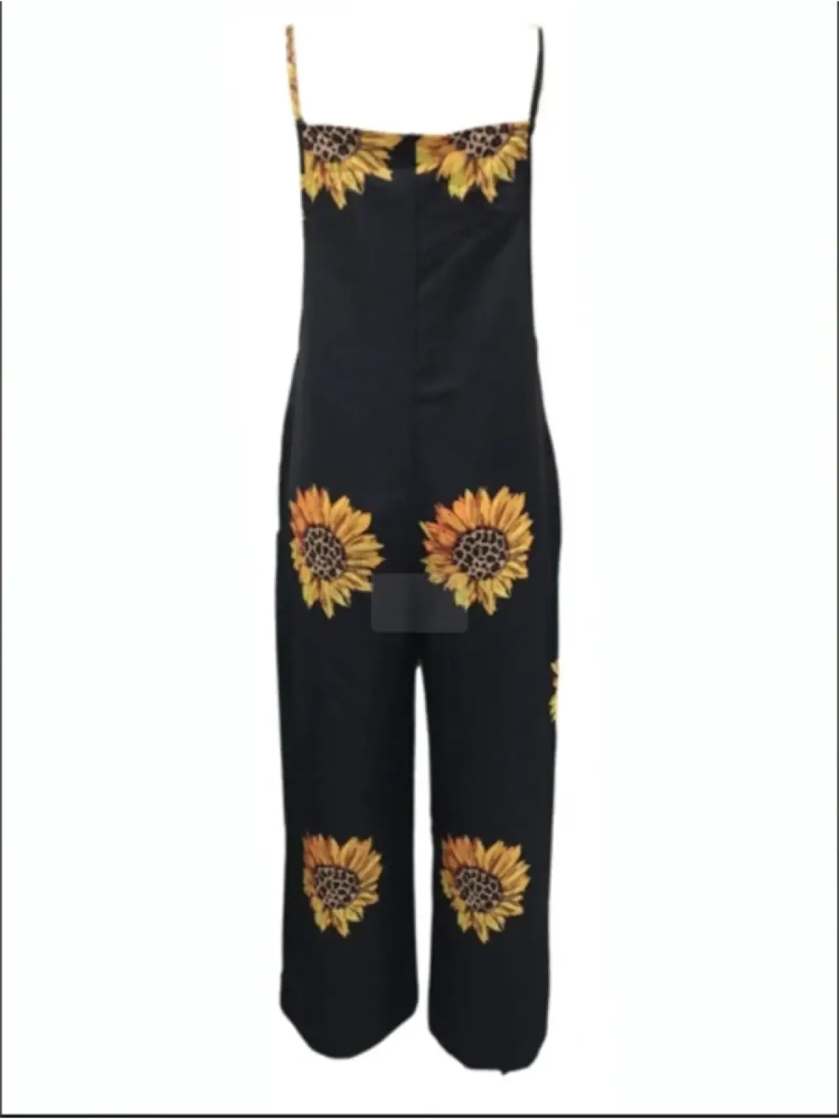 Black sunflower-print wide-leg summer jumpsuit with thin straps for casual warm weather wear
