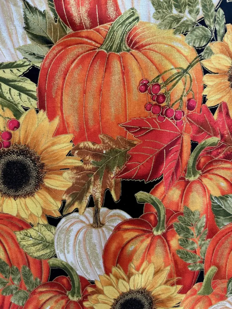 Fall-themed sunflower and pumpkin autumn floral skater skirt with vibrant pumpkins sunflowers and red berries on dark fabric