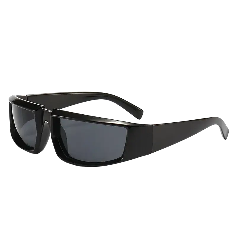 Black rectangular sunglasses with dark gray lenses and glossy plastic frame for cycling glasses and outdoor driving