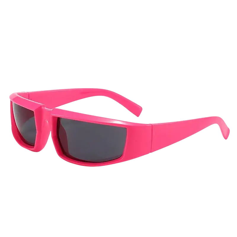 Bright pink rectangular cycling sunglasses with dark gray lenses and glossy plastic frame for sports and outdoor use