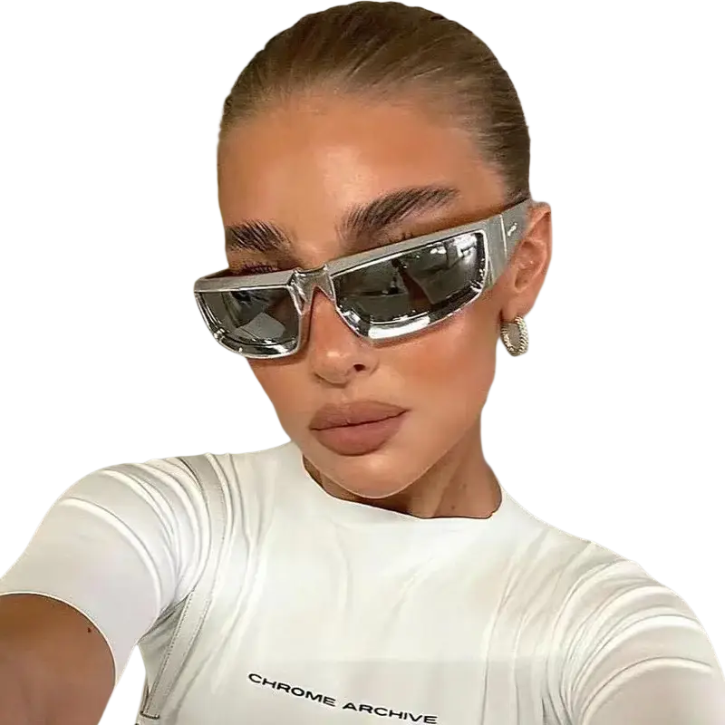 Silver-framed angular sunglasses with reflective lenses designed as cycling glasses for sports and outdoor driving