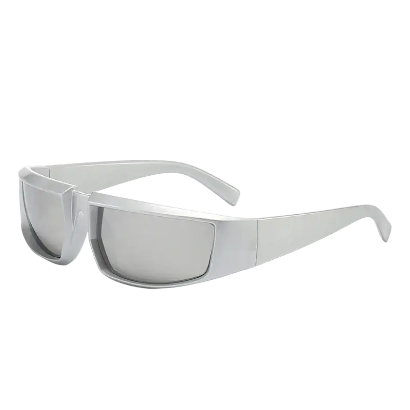 Silver-framed sunglasses with reflective lenses and a sleek design ideal for cycling glasses and outdoor driving sunglasses
