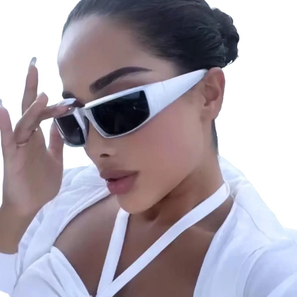 White rectangular sunglasses with black lenses designed as cycling glasses for sports and outdoor driving use
