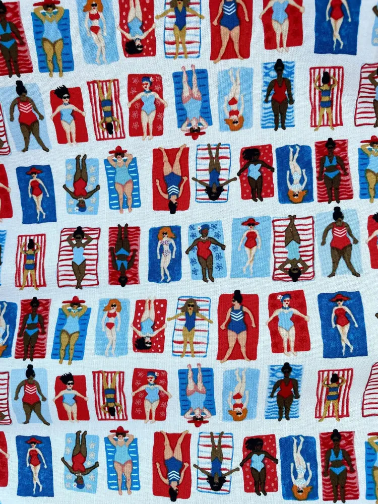 Sunny days vintage house print fit and flare dress with vibrant fabric featuring illustrated women in swimsuits lounging