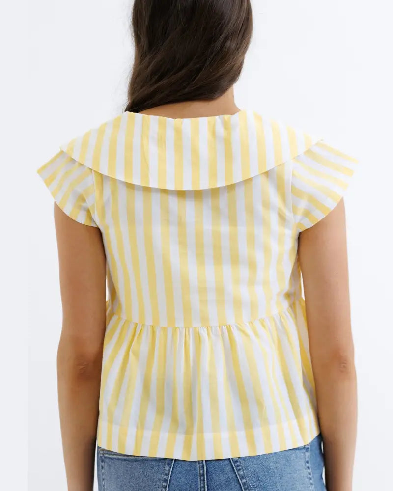 Yellow and white vertically striped cotton peplum blouse with ruffled collar and short flutter sleeves