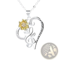 Silver heart-shaped pendant necklace with gold sunflower, clear gemstones, and engraved you are my sunshine text