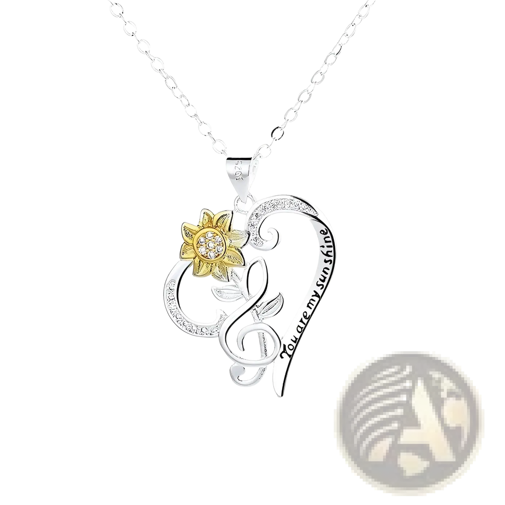 Silver and gold heart-shaped pendant necklace with sunflower charm engraved with you are my sunshine phrase