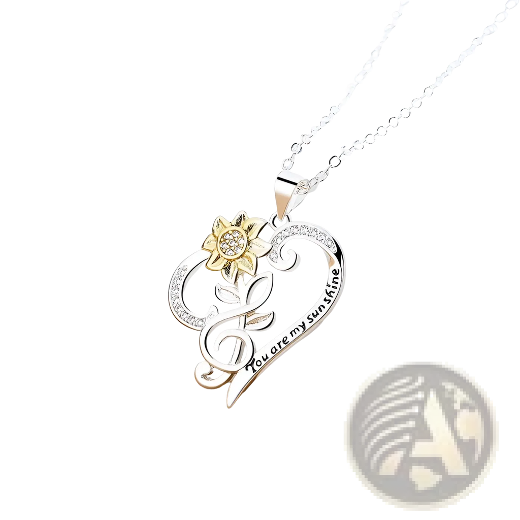 Silver heart pendant necklace with gold sunflower charm and engraved you are my sunshine inscription