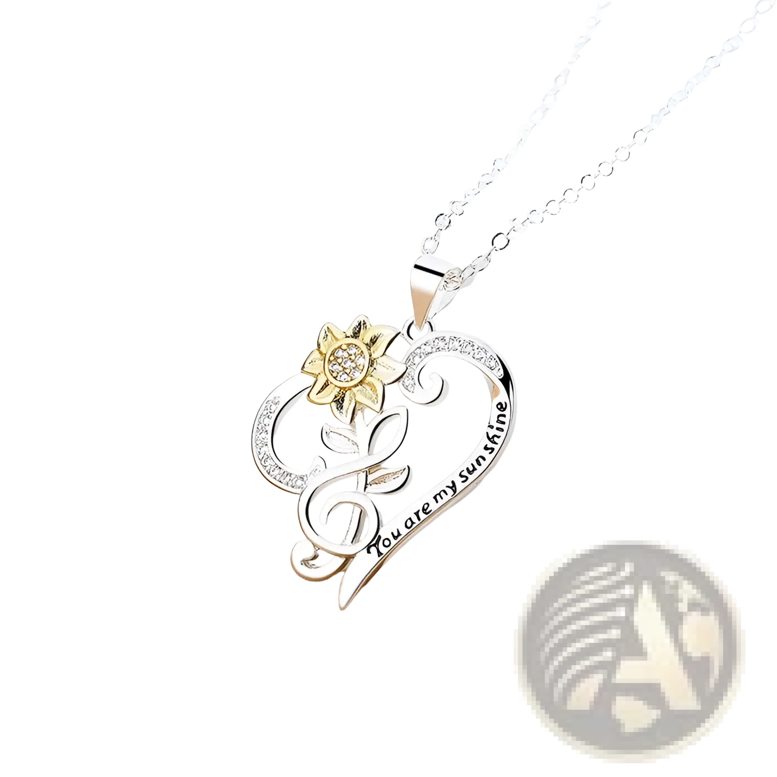Silver heart pendant necklace with gold sunflower charm and engraved you are my sunshine inscription