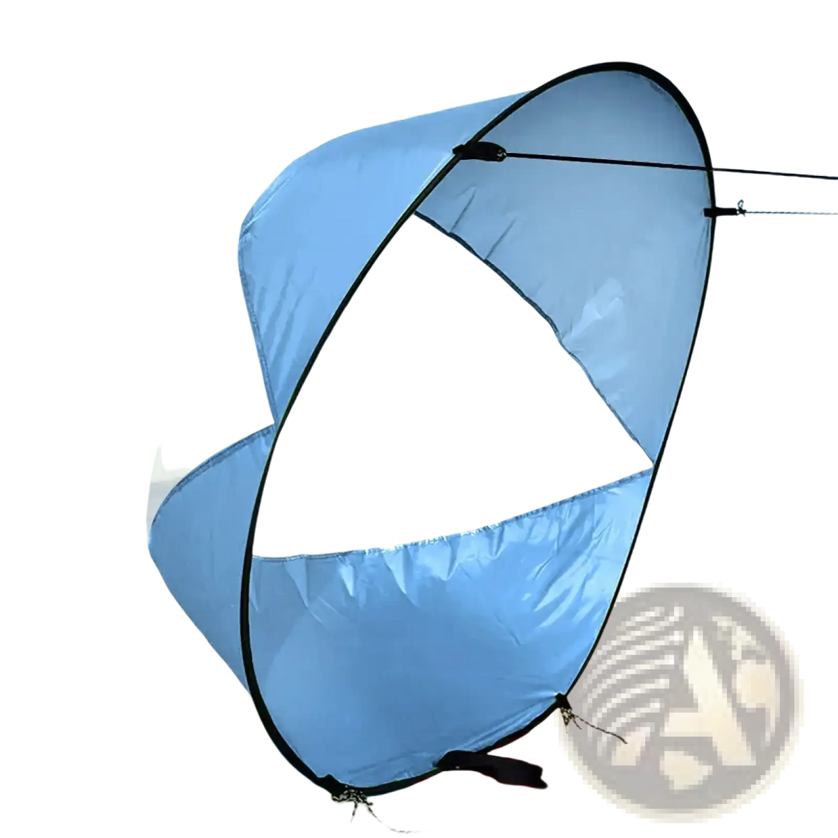 Light blue and transparent pop-up beach canopy with black trim for sun protection on surfboards and paddleboards