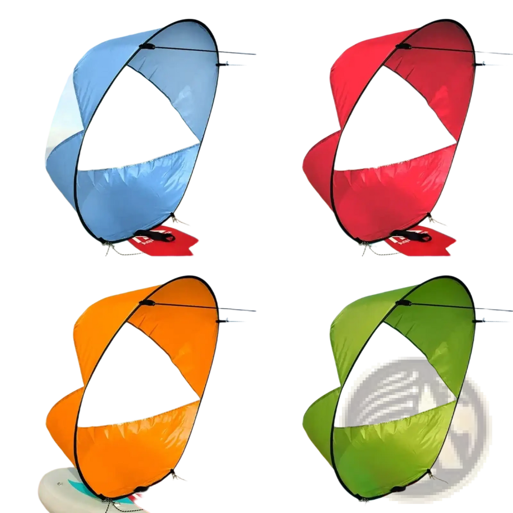 Colorful lightweight pop-up kayak and board sunshade with transparent panels in blue red orange and green for sun protection