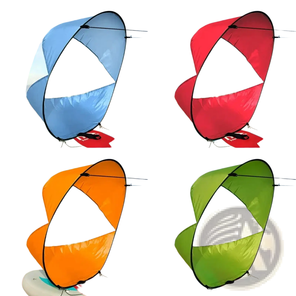 Colorful lightweight pop-up kayak and board sunshade with transparent panels in blue red orange and green for sun protection