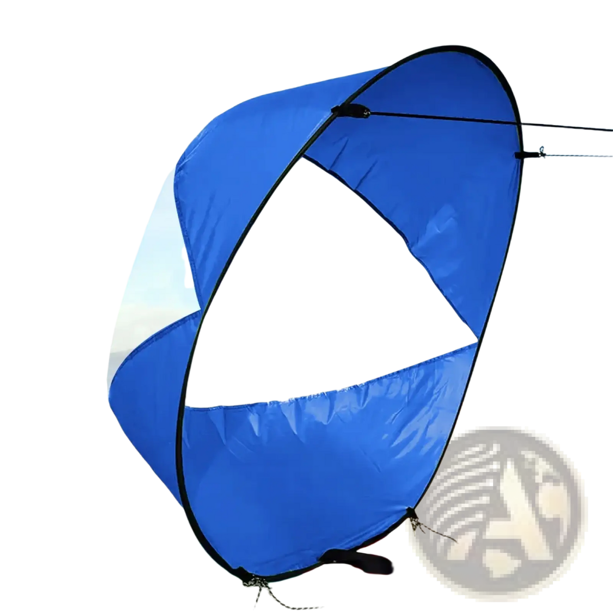 Blue and transparent pop-up beach sunshade with black trim for portable shade on sand for sup wind sail kayak and board