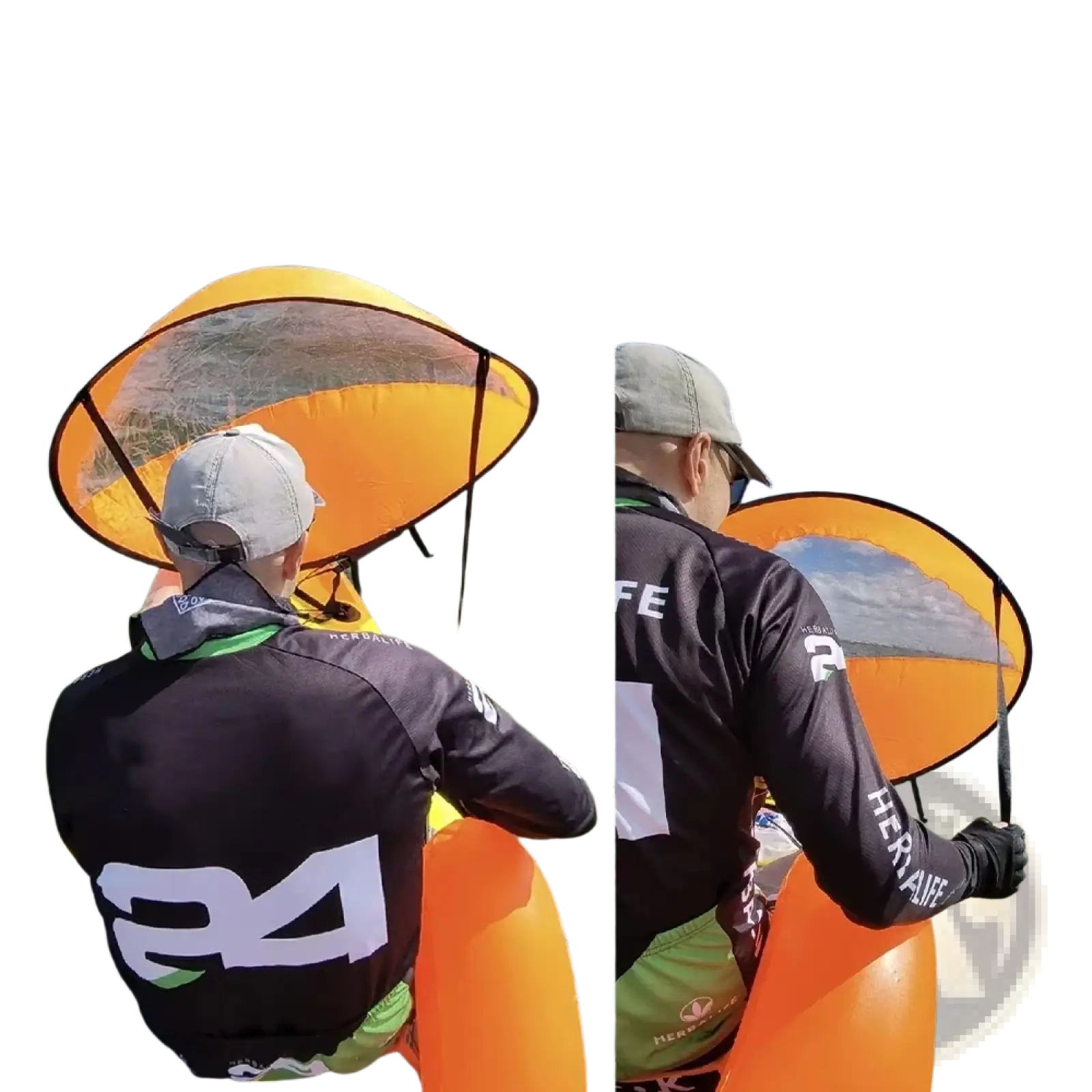 Orange inflatable kayak with transparent dome canopy attached on top for sup wind sail 42 inch kayak sunshade