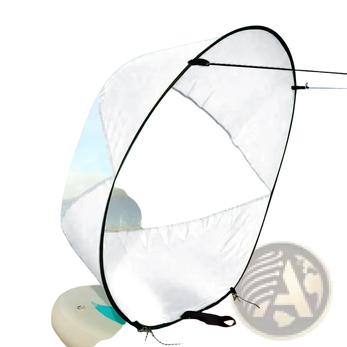 White and black inflatable windsurfing sail mounted on paddleboard for sunshade in sup wind sail 42 inch kayak and board