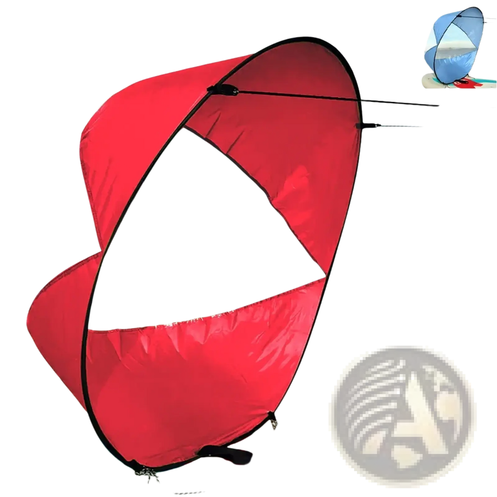 Red inflatable sunshade for paddleboards with transparent central panel and black trim in sup wind sail 42 inch design