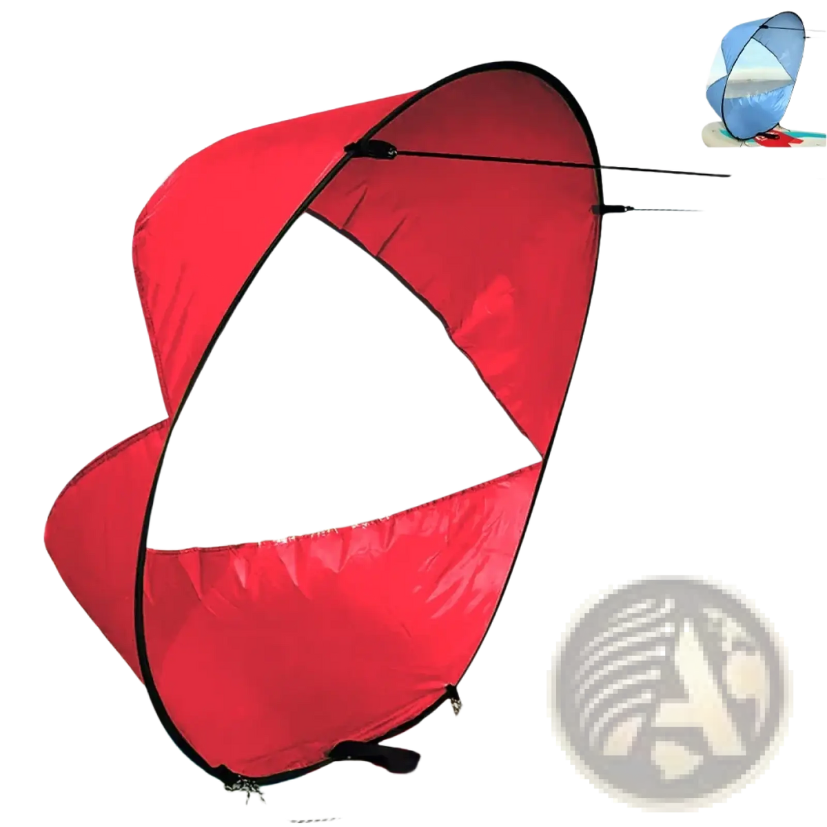 Red inflatable sunshade for paddleboards with transparent central panel and black trim in sup wind sail 42 inch design