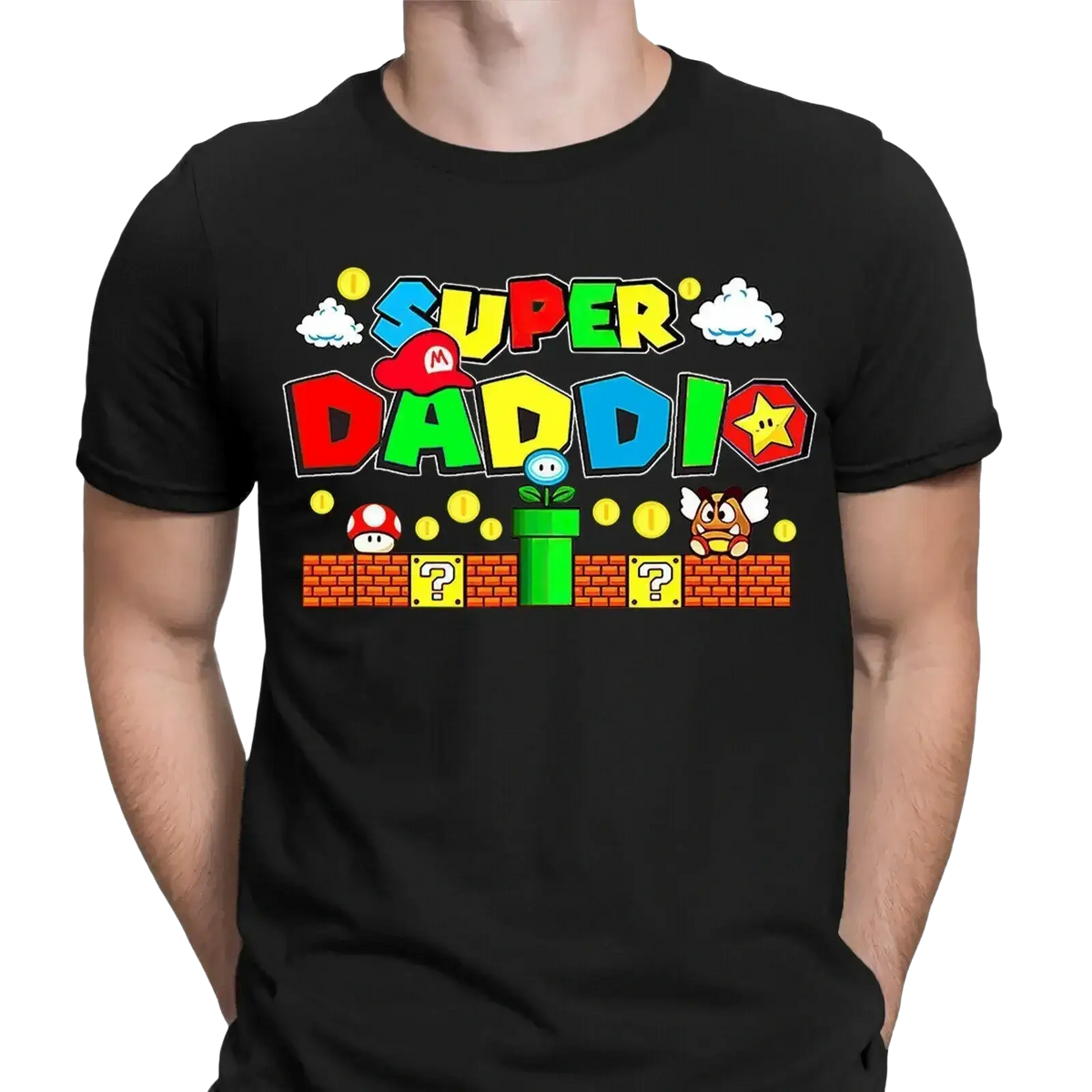 Black cotton t-shirt featuring colorful super daddio graphic with Mario-themed characters for Father’s Day