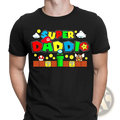 Black cotton t-shirt featuring colorful super daddio graphic with Mario-themed characters for Father’s Day
