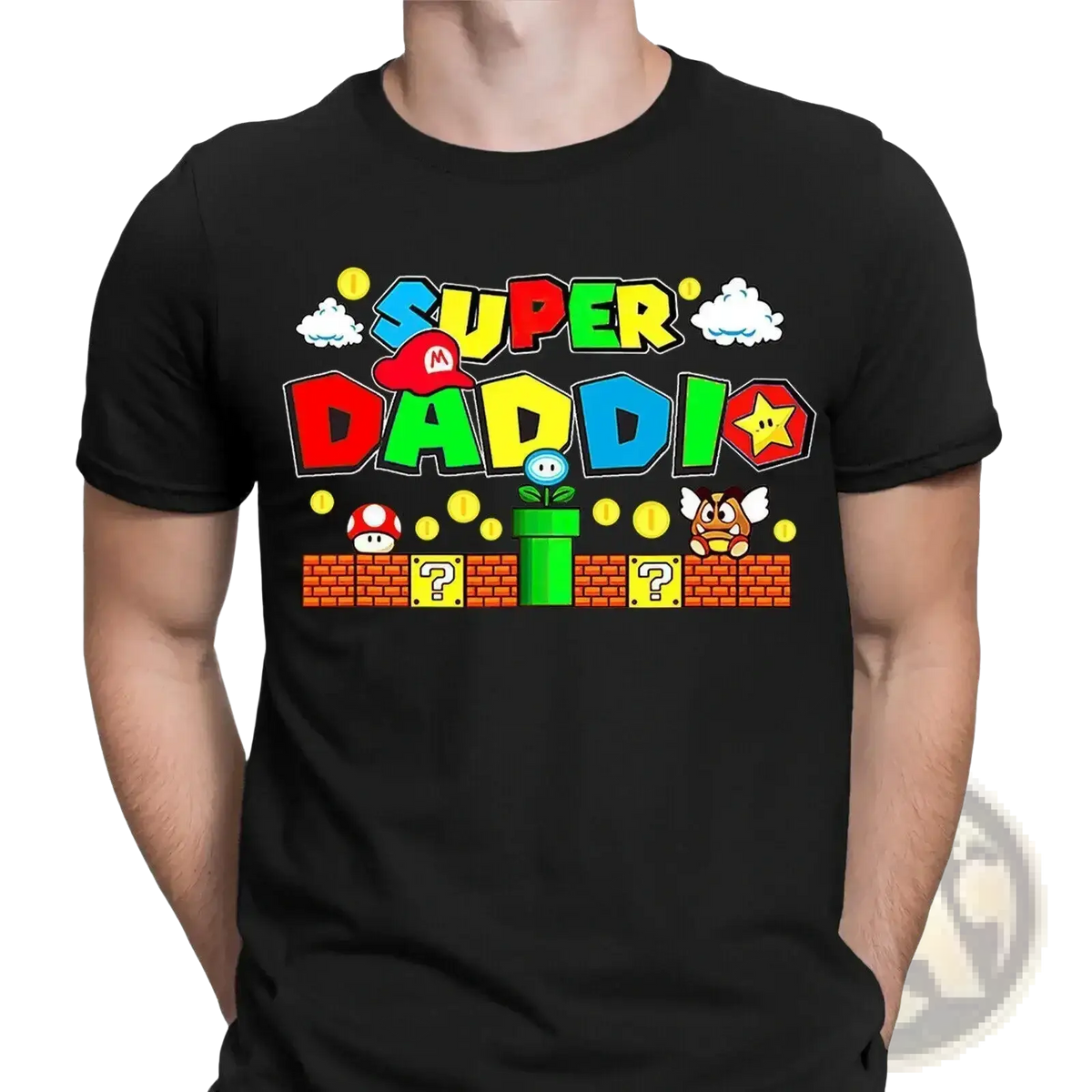 Black cotton t-shirt featuring colorful super daddio graphic with Mario-themed characters for Father’s Day