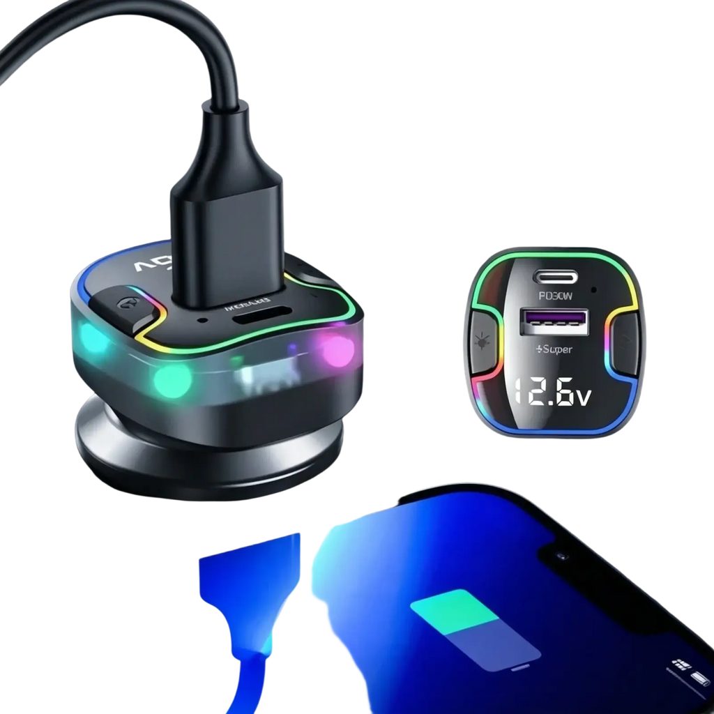 Black and silver super fast car charger with five ports 120w voltage display and rainbow led ambient lighting