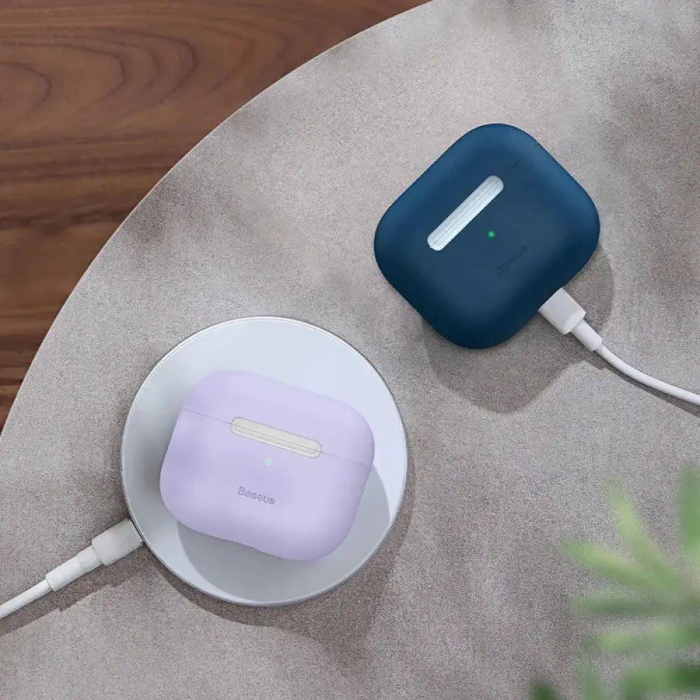 Lavender ultra-thin minimalist silicone airpods pro case cover charging on a wireless pad showing the back side