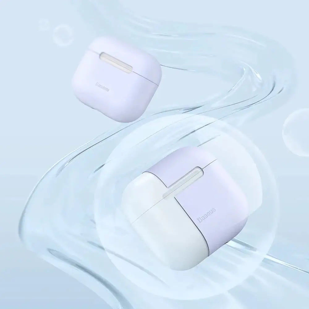 White ultra-thin minimalist silicone airpods case cover with subtle branding and sleek earbud storage design
