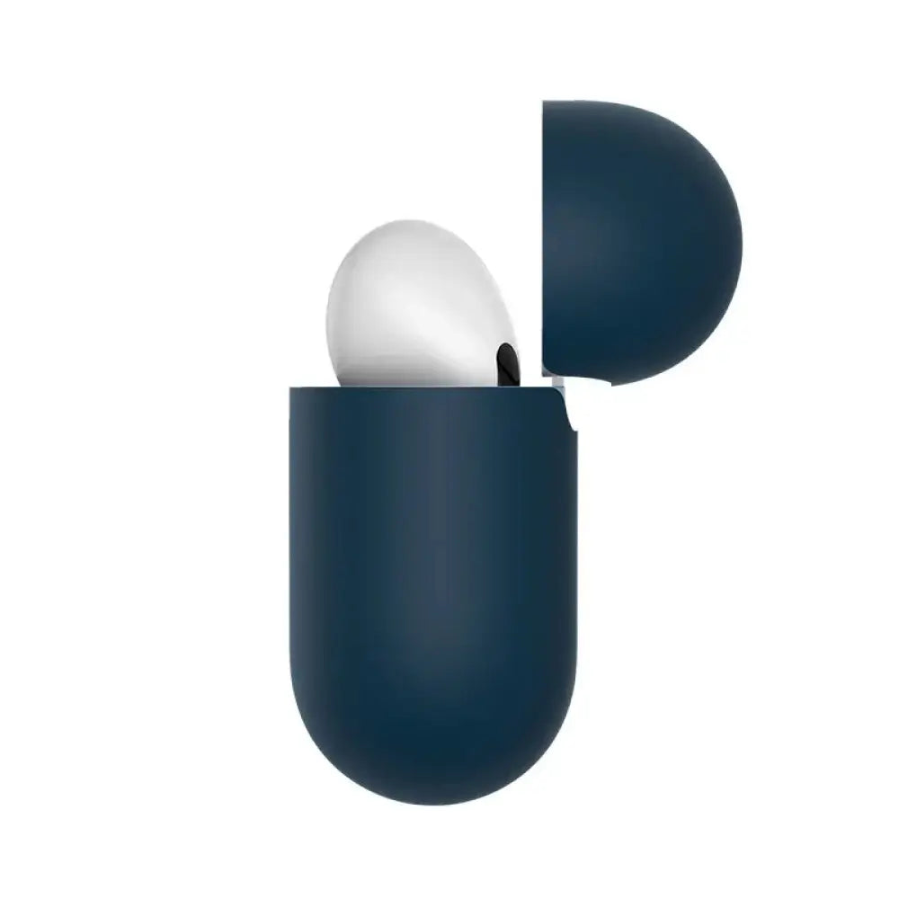 A sleek navy blue ultra-thin minimalist silicone case cover with a white apple airpods pro earbud partially visible inside