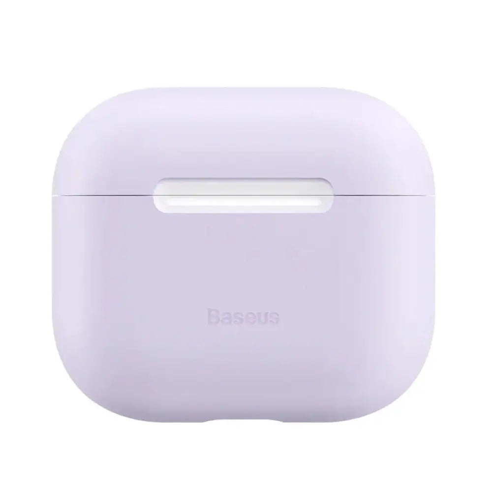 Ultra-thin minimalist matte lavender silicone airpods pro case with integrated handle and embossed brand name on front