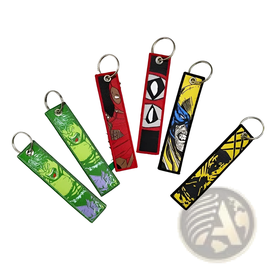 Five vibrant embroidered superhero keychains with comic book designs in bold patterns for anime key lanyard sets
