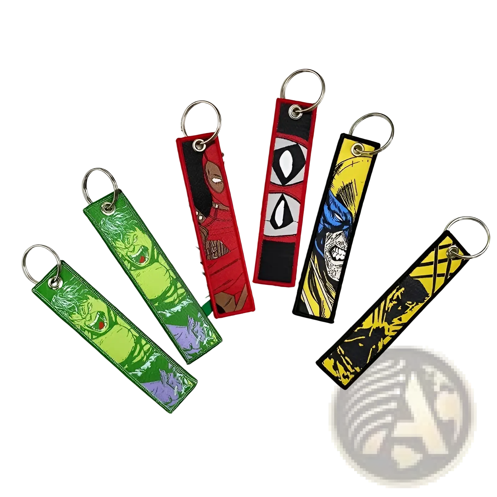 Five vibrant embroidered superhero keychains with comic book designs in bold patterns for anime key lanyard sets