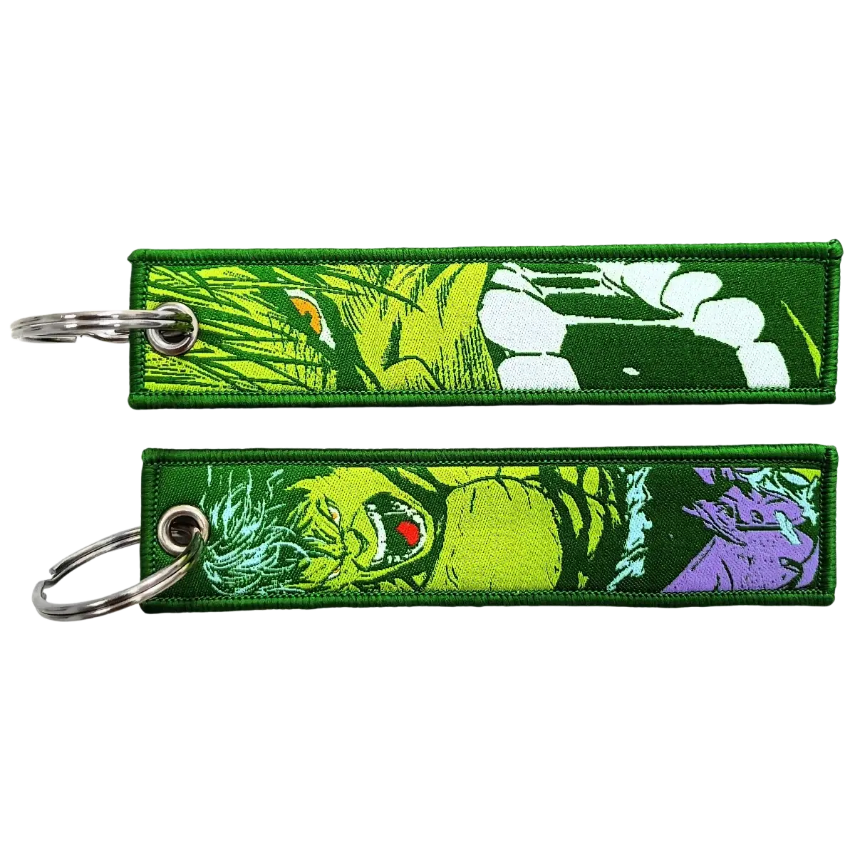 Green embroidered superhero keychain featuring comic-style Hulk illustrations in lime green purple and white from anime set