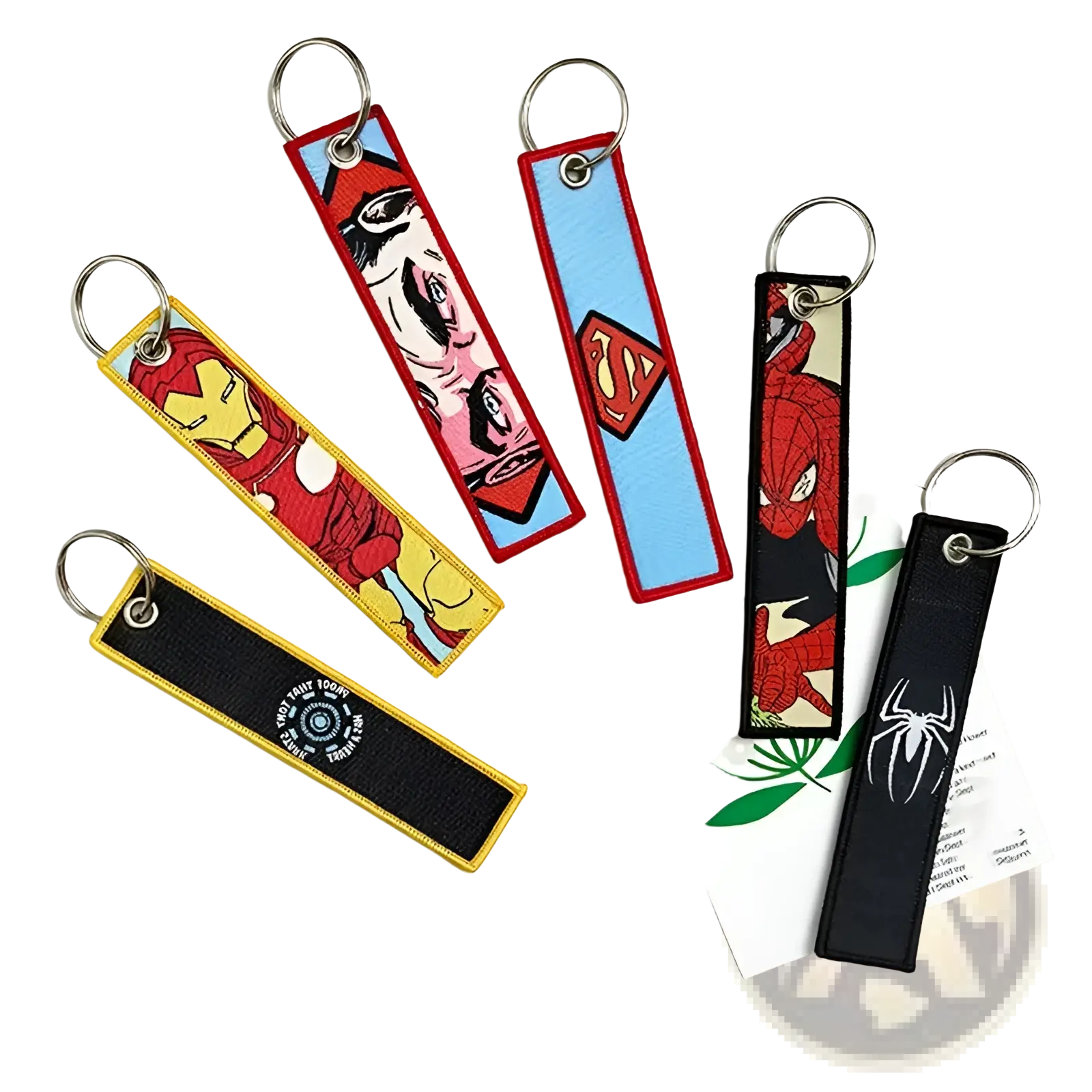 Superhero embroidered keychain set featuring iron man superman spider-man and avengers logo on fabric with metallic rings
