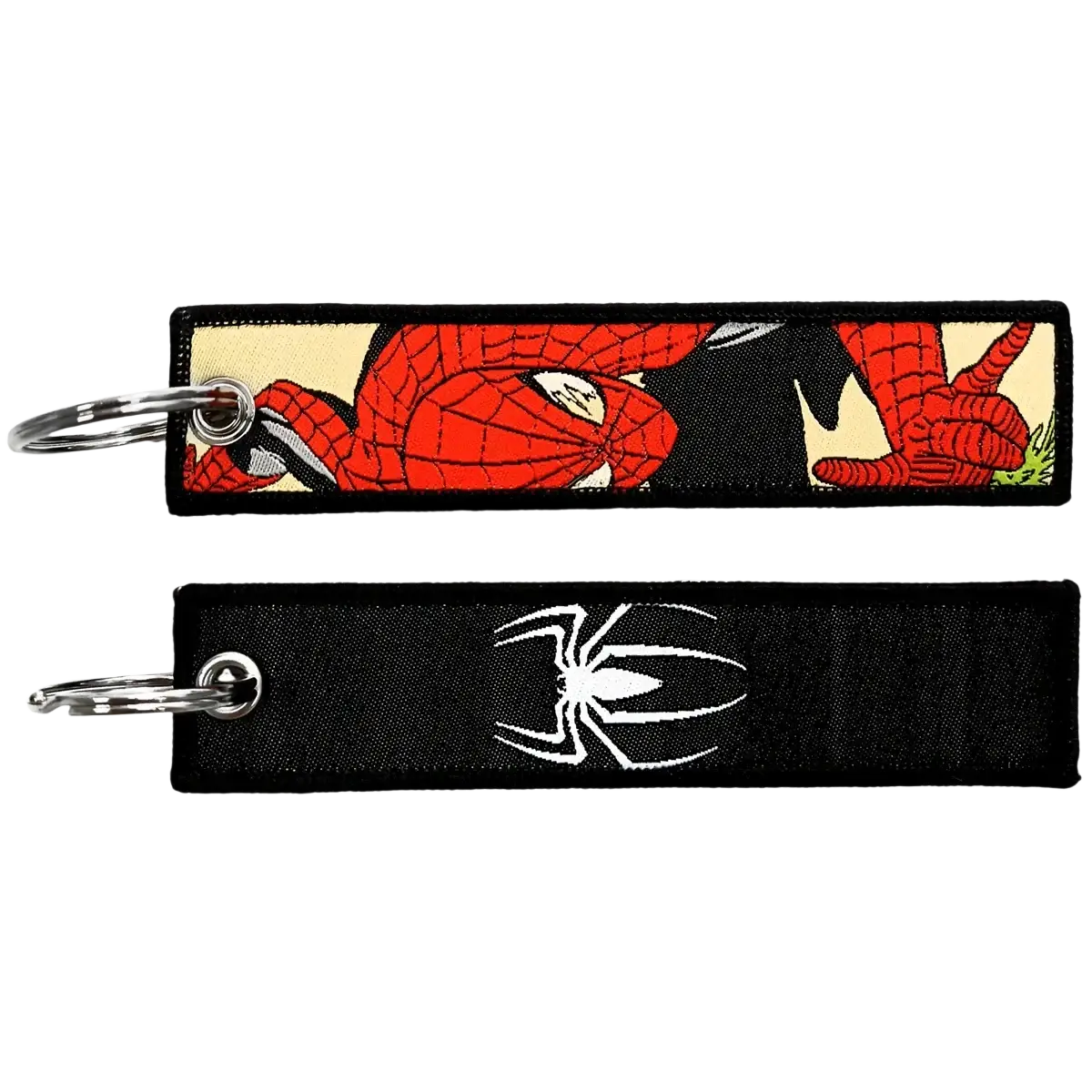 Red and black spider-man embroidered keychain with silver metal ring from superhero embroidered keychain set anime key lanyard
