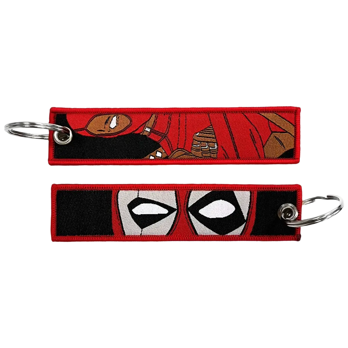Red embroidered Deadpool keychain with black and white eye design from superhero embroidered keychain set anime key lanyard