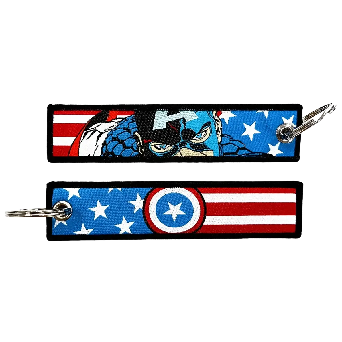 Two embroidered superhero keychains featuring captain america in blue and red suit and shield on american flag design