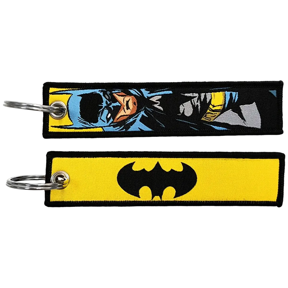 Two superhero embroidered keychains featuring a blue and yellow comic-style batman design and a black bat symbol on yellow fabric