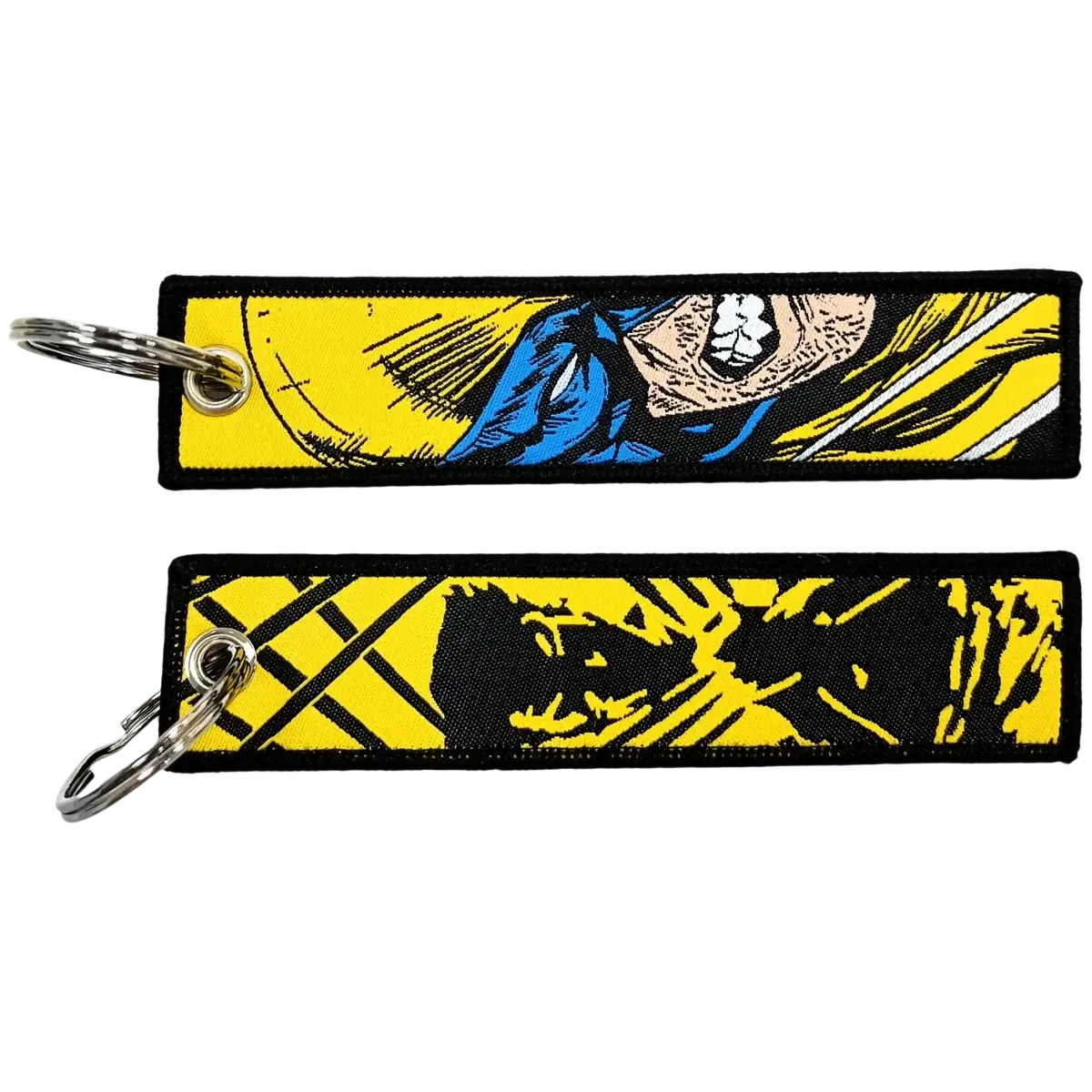 Two embroidered superhero keychains featuring vibrant yellow blue and black yellow wolverine designs for lanyards