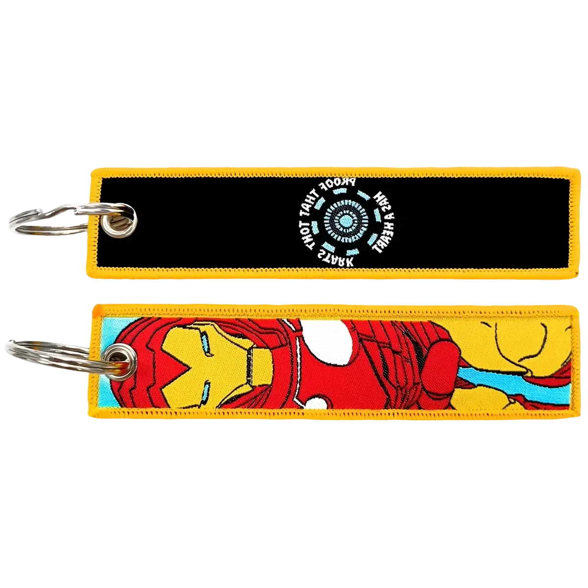 Two embroidered iron man keychains featuring arc reactor and red gold suit designs in black yellow and blue colors
