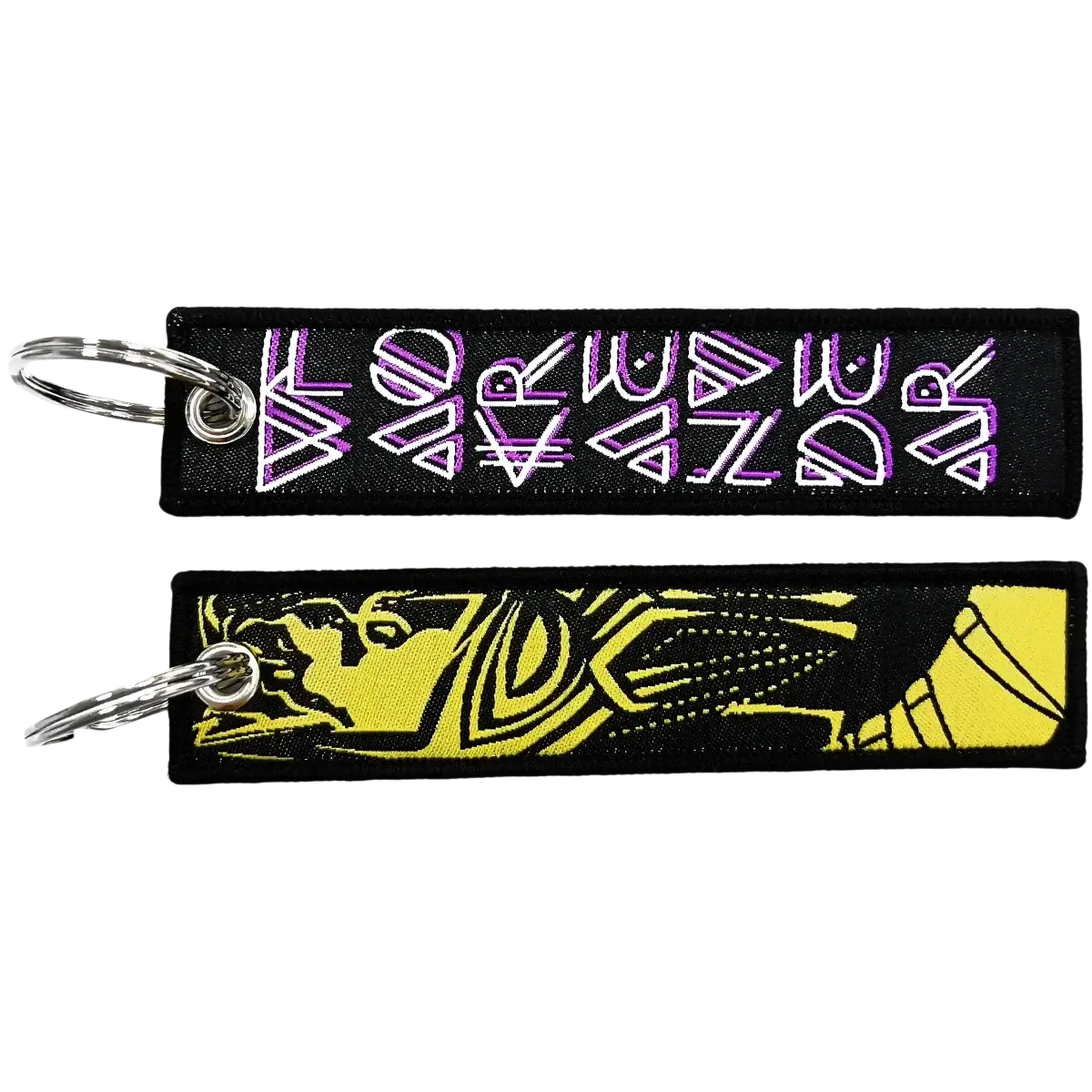 Superhero embroidered keychain set with purple white geometric lettering and yellow stylized face on black fabric with silver rings