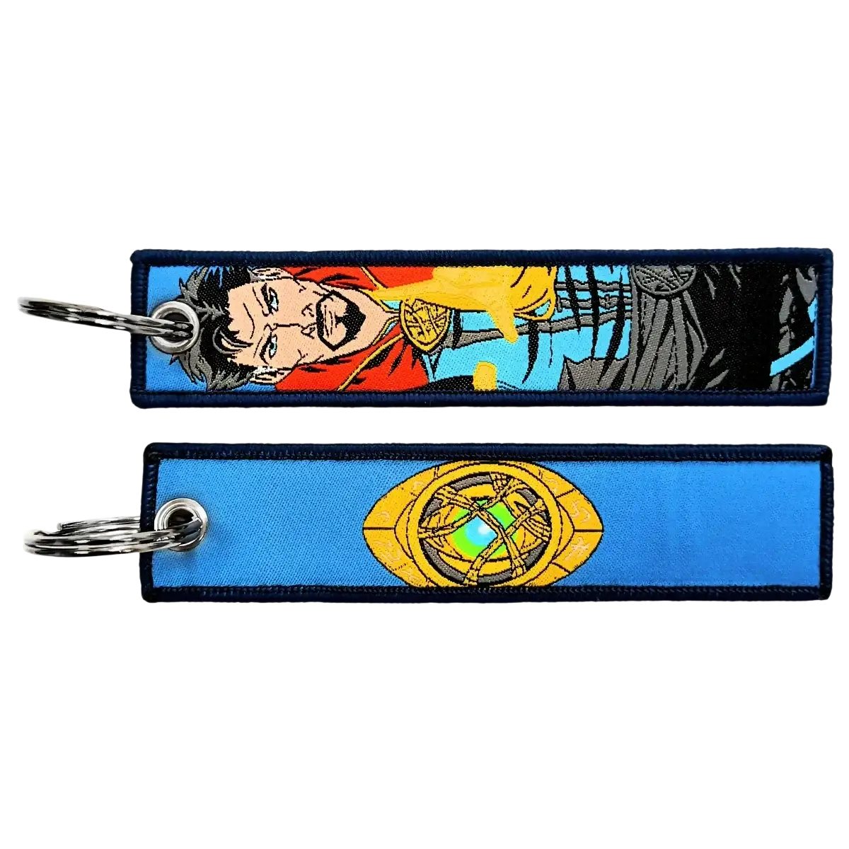 Two embroidered superhero keychains featuring marvels doctor strange with comic portrait and infinity gauntlet design