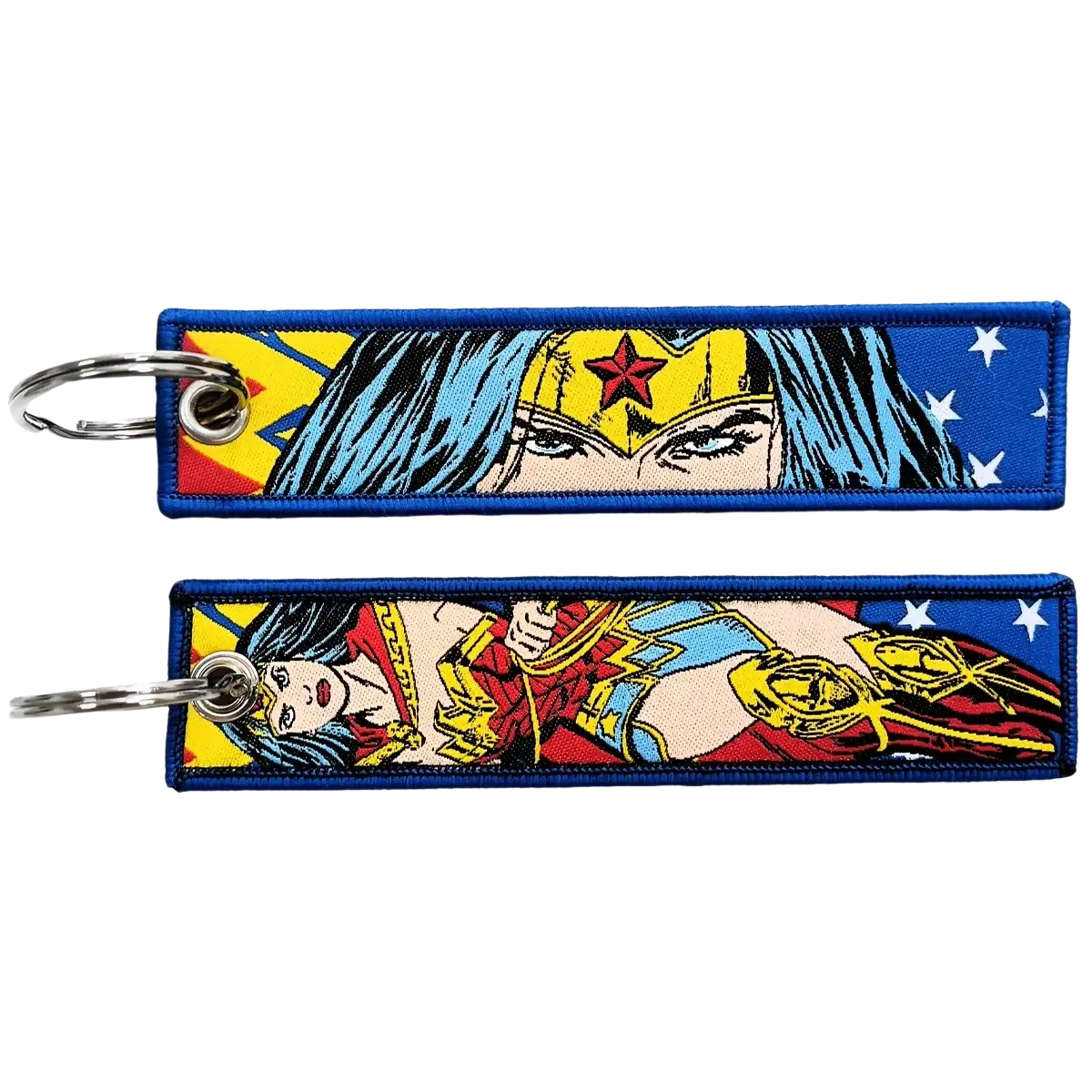 Two embroidered wonder woman keychains on blue bordered fabric strips with metal rings from superhero keychain set