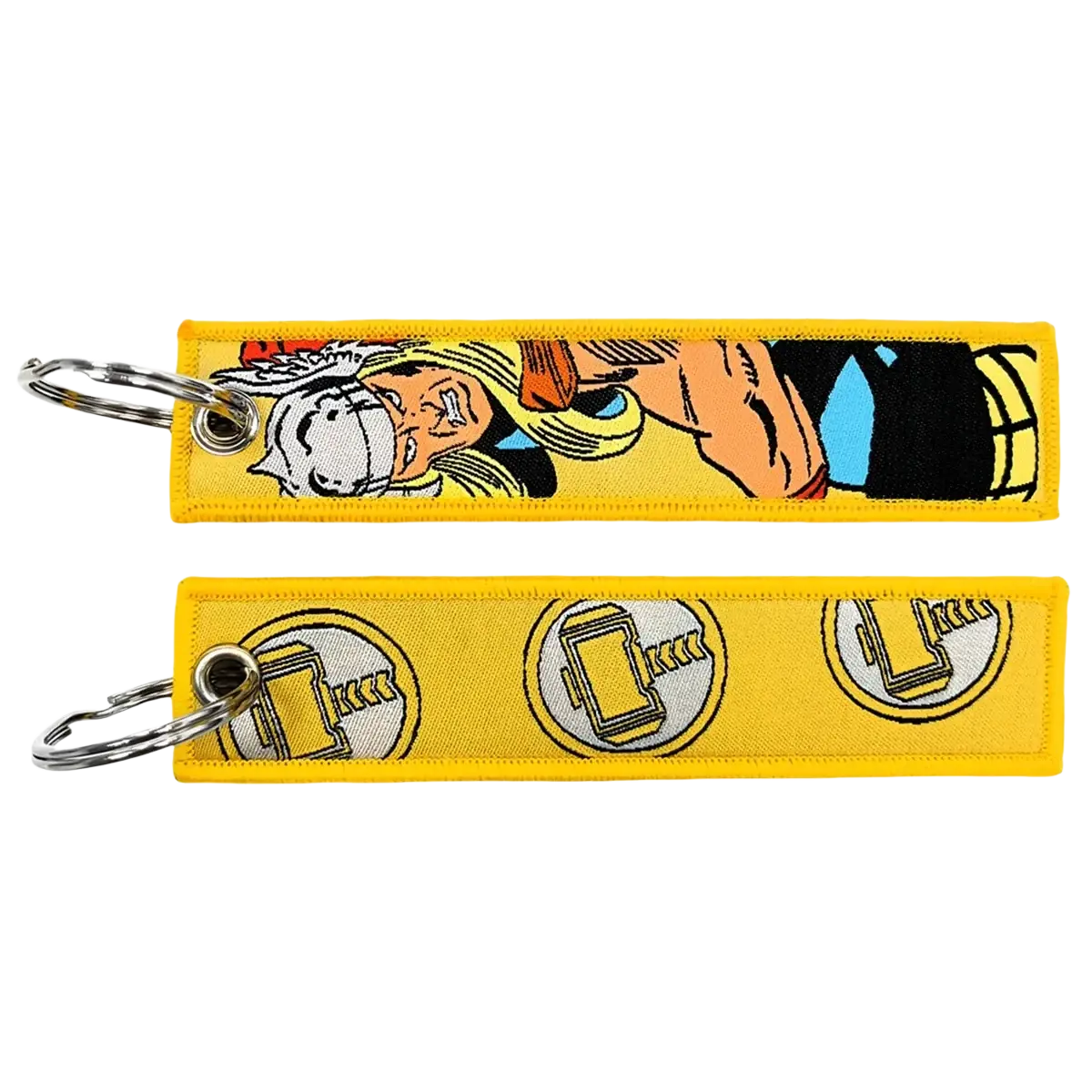 Yellow embroidered superhero keychain featuring thor face and mjolnir design in anime key lanyard set