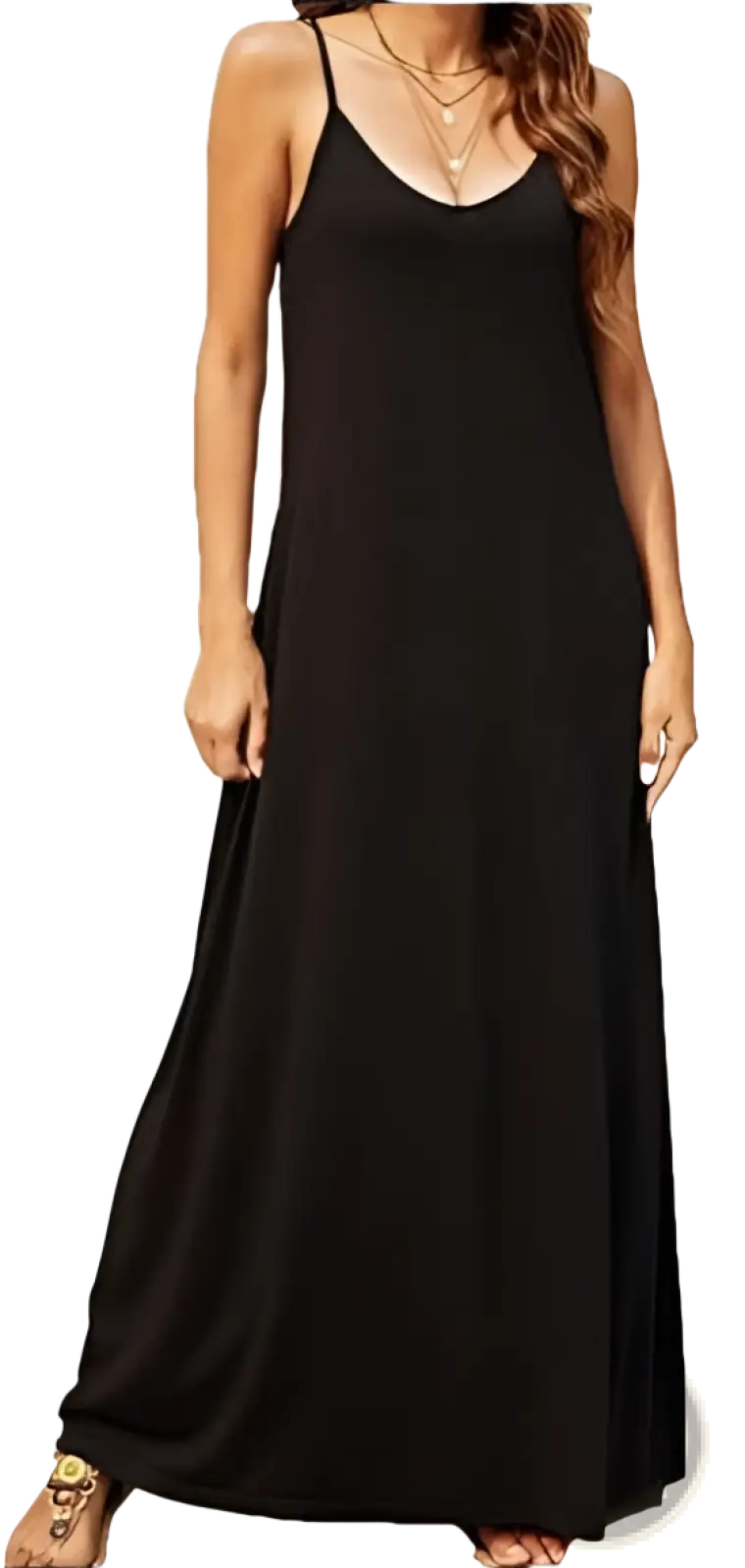 Black spaghetti strap sleeveless maxi dress with flowing design from supnier bohemian floral and graphic collection