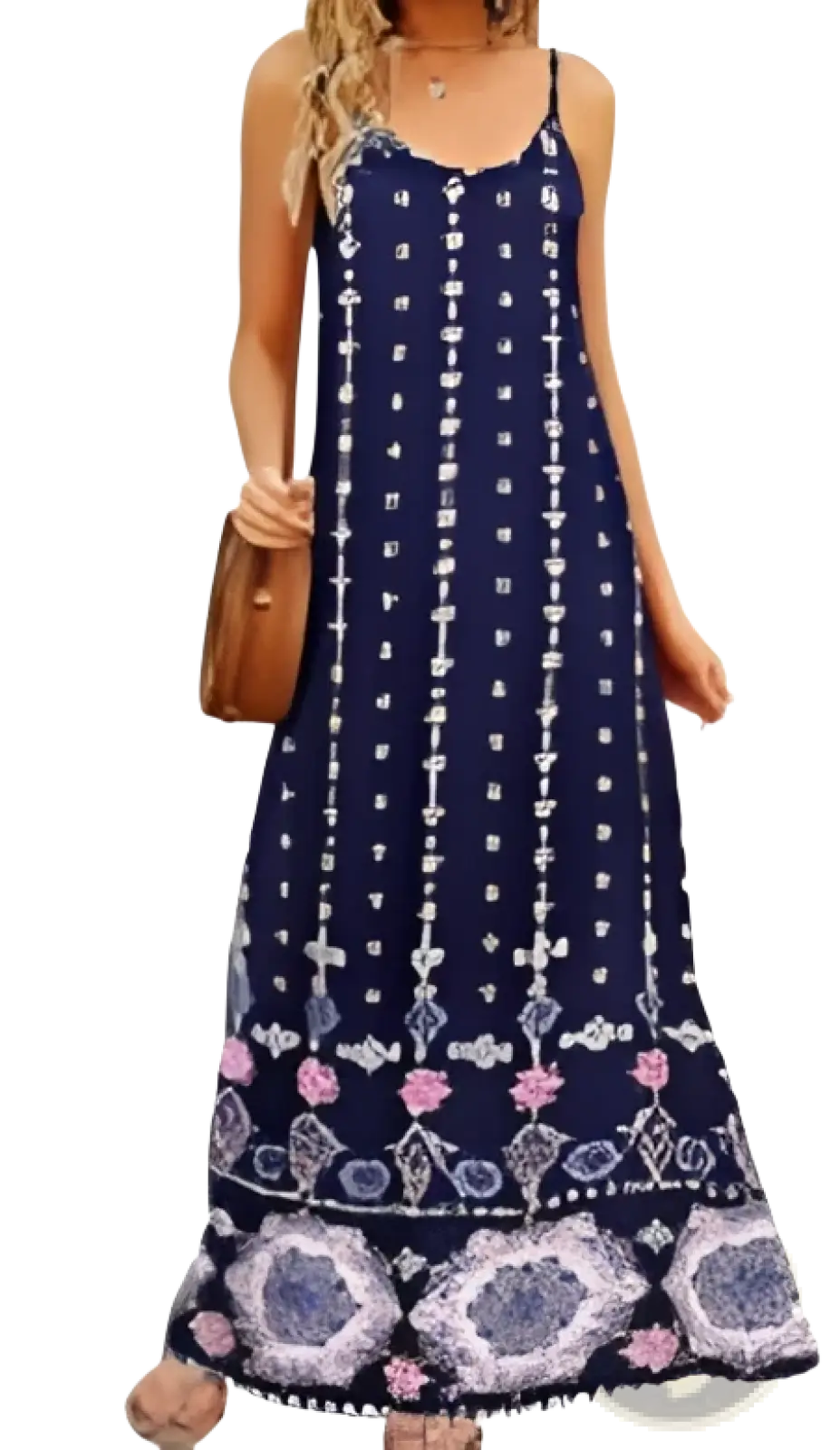 Supnier women’s navy blue sleeveless maxi dress with white dots and pinkish purple geometric hem motifs