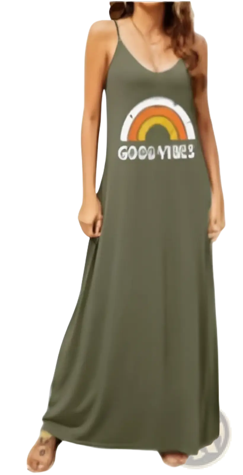Supnier women’s olive green sleeveless maxi dress with rainbow and good vibes graphic for casual wear
