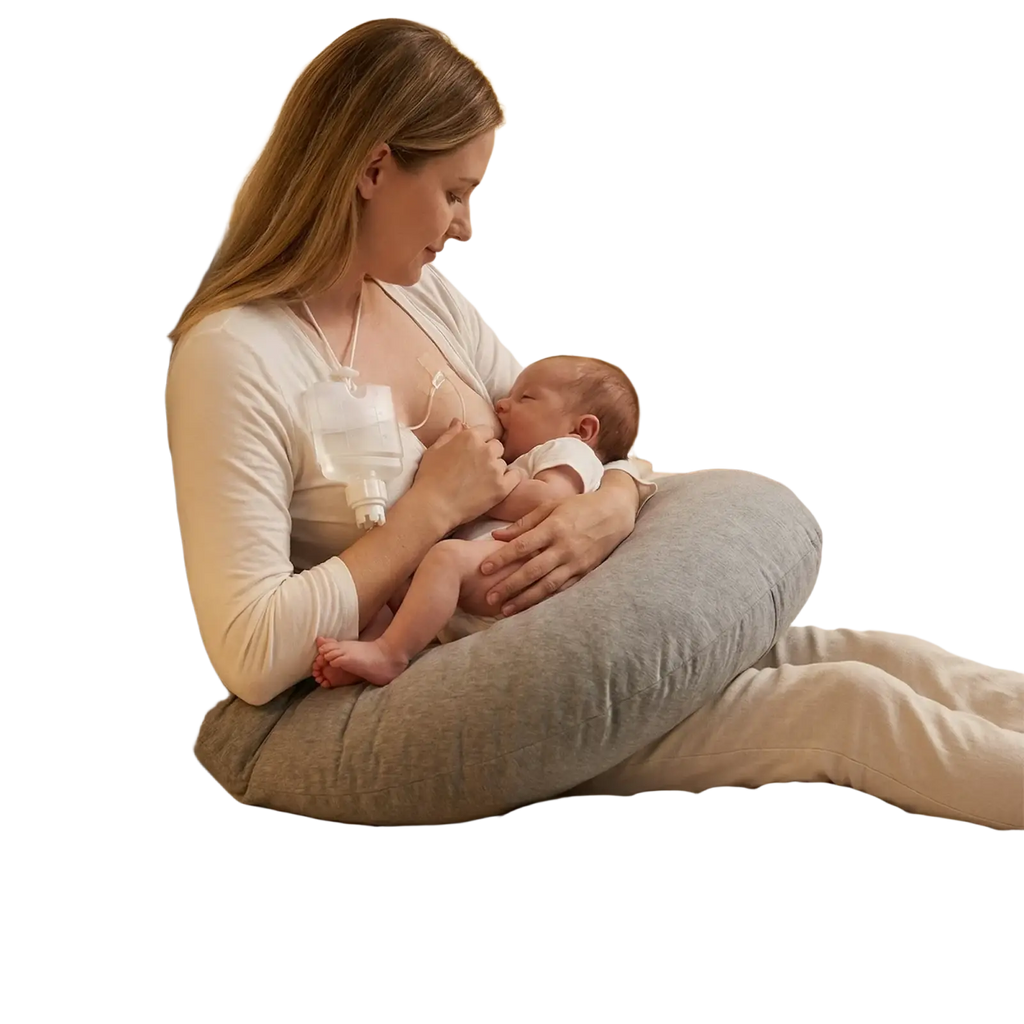 Gray supportive nursing pillow with soft cushioned design and subtle texture for newborn breastfeeding supplemental system