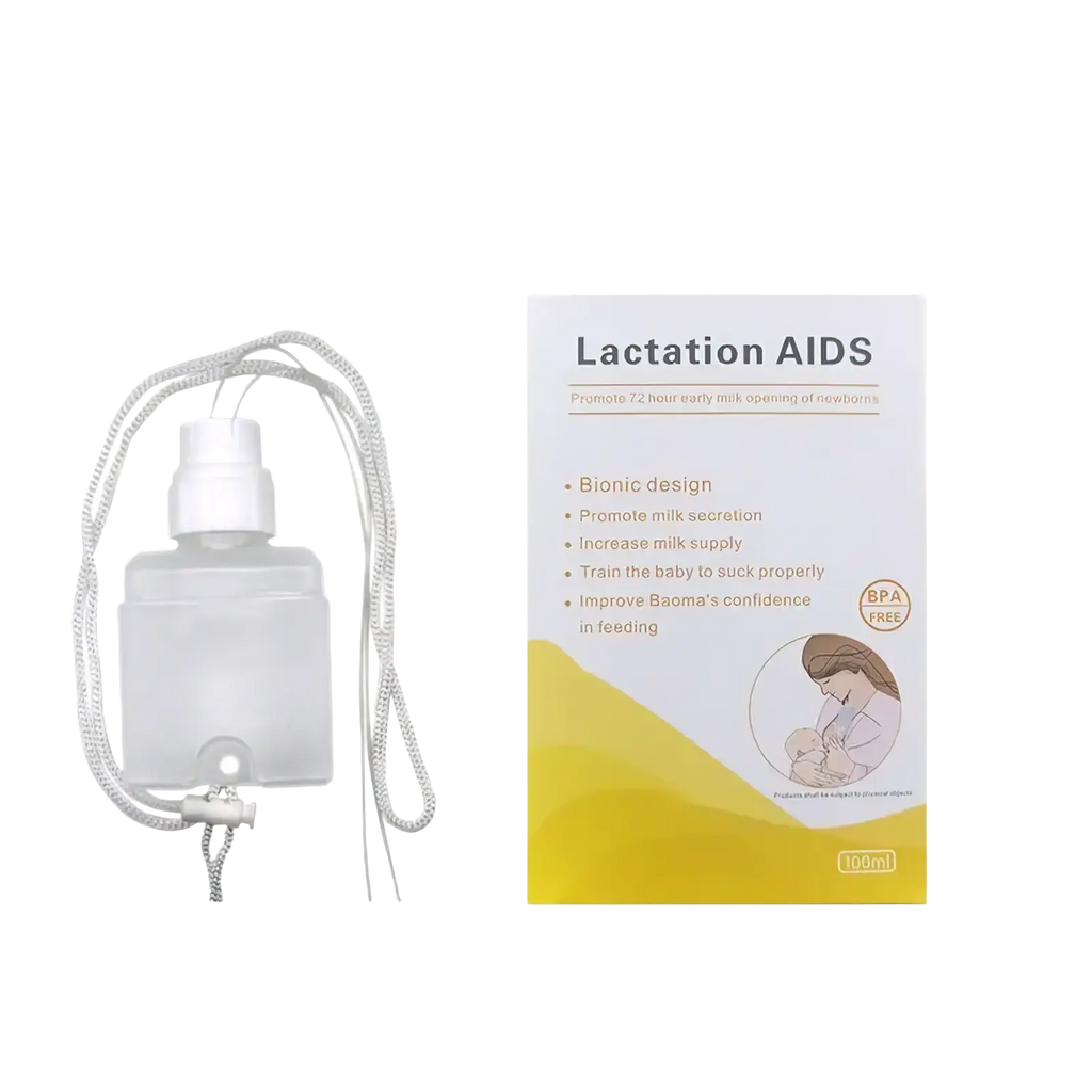 Transparent plastic supplemental nursing system bottle with white spray nozzle and gray braided cord for newborn breastfeeding