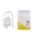 Transparent plastic supplemental nursing system bottle with white spray nozzle and gray braided cord for newborn breastfeeding